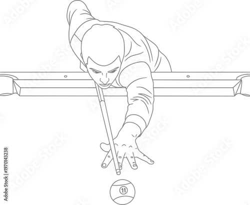 Line drawing of a man playing billiards and aiming his cue stick at the number thirteen ball.