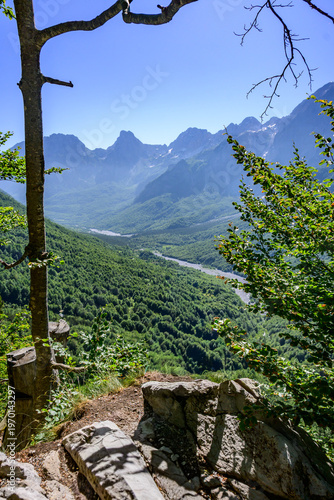 An elevated perspective showcasing the vast Valbona Valley, with a narrow river snaking through dark green forests, framed by majestic mountain ranges in Albania.