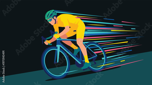 Professional Cyclist Racing on Road Bike Flat Vector Illustration