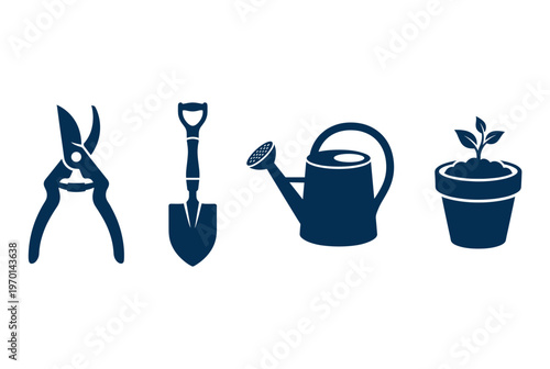 Gardening Tools and Plant Care Icons Set with Pruning Shears, Shovel, Watering Can and Potted Sprout, Agriculture and Horticulture Vector Symbols