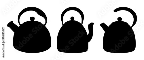 Kettle boiling silhouette set with dynamic steam swirl background featuring steaming kettle, abstract steam, silhouette illustration with black and white line art and minimalistic design