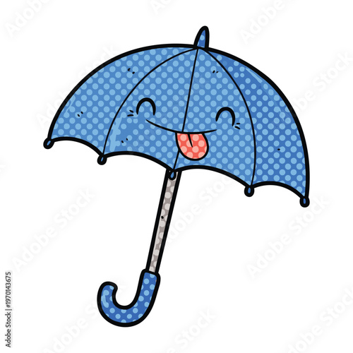 Cartoon illustration of a cheerful blue umbrella with a smiling face and tongue out