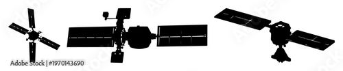 Solid black silhouette of a deep-space orbital satellite with solar wings, space exploration and tech theme, white background. set with simple line art design featuring simple design, minimalist, b...
