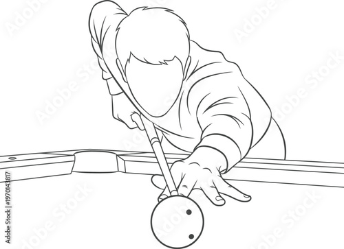 A black and white line drawing of a man playing billiards and aiming his cue stick at the ball