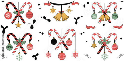 Christmas candy cane decorations set with ornaments bells stars festive elements and holiday hanging decor illustration collection