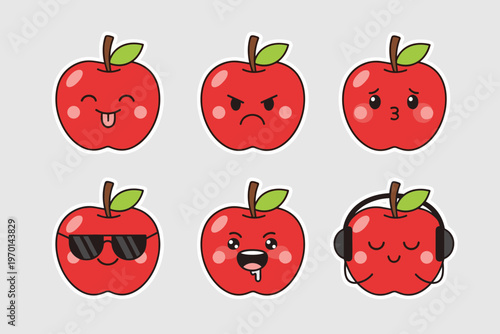 Set of Red Apple Emoji Characters with Kawaii Faces, Cartoon Fruit with Different Emotions, Happy, Angry, Cool and Music Listening Apple Vector Icons