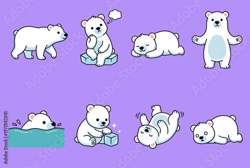 Cute Polar Bear Character Set in Various Poses, Walking, Thinking, Sleeping, Swimming and Playing with Ice Cube, Funny Arctic Animal Vector Illustration