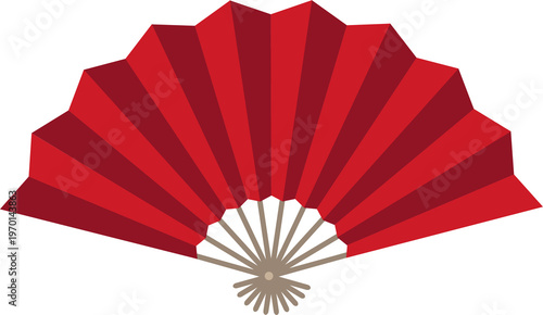Foto Illustration of a traditional folding hand fan in vibrant red tones, fully opened to display its symmetrical pleated design