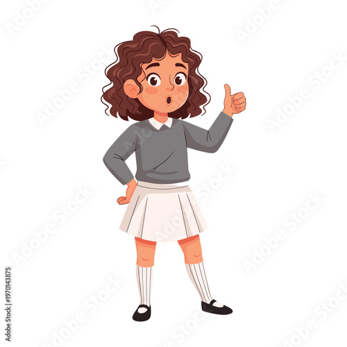 A cute cartoon girl with curly hair wearing a school uniform and giving a thumbs up gesture.