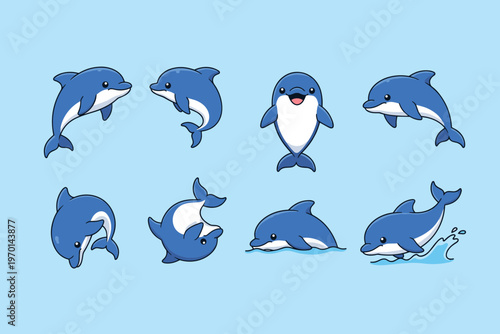 Playful Blue Dolphin Character Collection Jumping and Swimming in Ocean Water, Cute Marine Life Animal Vector Illustration Set for Kids Design