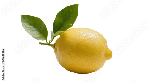 Ripe yellow lemon with vibrant green leaves, showcasing citrus freshness