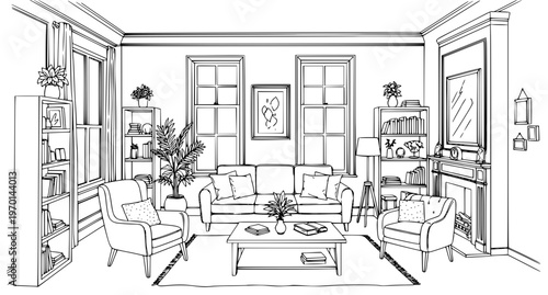 Living Room Interior Sketch Vector Illustration Black and White