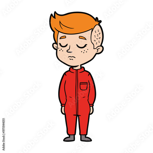Cartoon illustration of a young boy with orange hair and freckles wearing a red jumpsuit