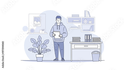 Young man holding document in modern home office with desk and bookshelf