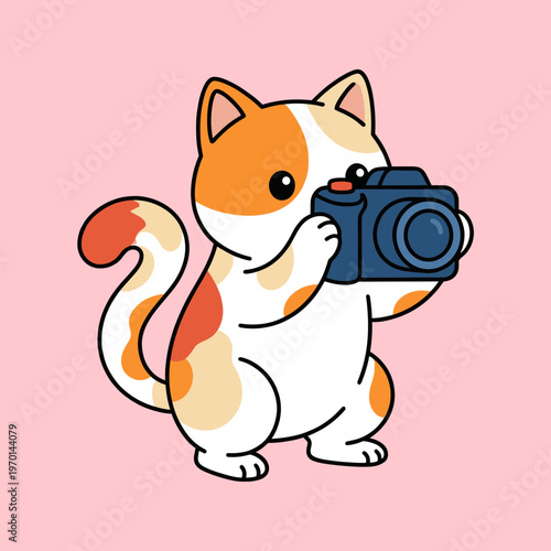 Adorable Calico Cat Character Holding a Professional Camera and Taking a Photo, Cute Photographer Kitty Mascot Vector Illustration on Pink Background