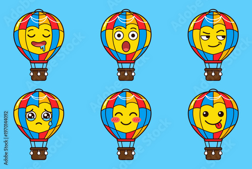 Colorful Hot Air Balloon Characters with Different Facial Expressions and Emotions, Blue Sky Background Travel and Adventure Vector Emoticons Set