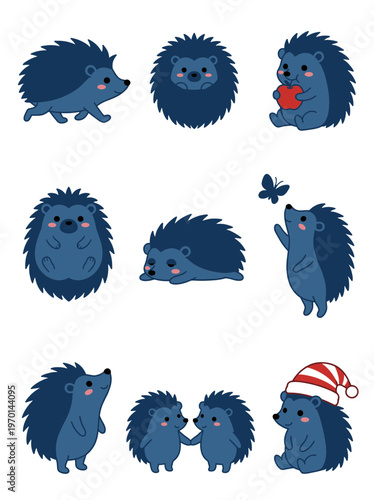Collection of Blue Hedgehog Character in Various Poses and Actions, Walking, Sleeping, Eating Apple, Playing with Butterfly Vector Illustration Set