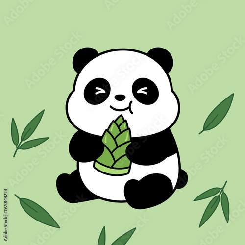 Cute Panda Character Eating Bamboo Shoot Vector Illustration, Happy Giant Panda Mascot Sitting with Bamboo Leaves on Light Green Background Art