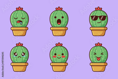 Collection of Cute Cactus Emoticons with Different Faces and Emotions, Potted Desert Plants Set with Sunglasses, Crying, and Laughing Facial Expressions