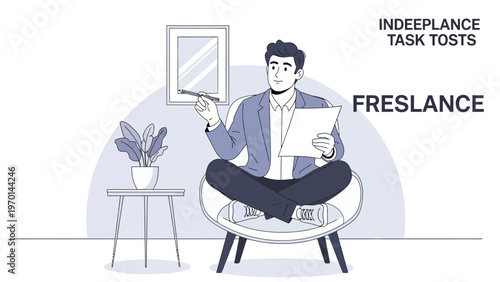 Freelancer working from home, sitting in a chair with documents and pen