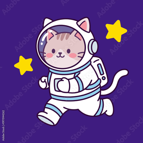 Cute Kawaii Cat Astronaut Running in Outer Space Suit, Adorable Kitten Character in Galaxy with Stars, Funny Space Animal Vector Illustration for Kids