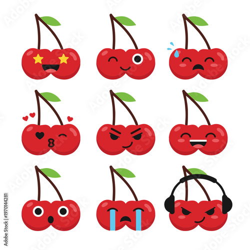 Set of Red Cherry Emoticons with Different Facial Expressions, Funny Fruit Character Icons, Sad, Happy, Angry, Crying and Cool Cherries Vector Set