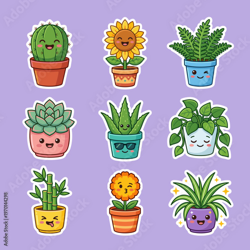 Collection of Cute Potted Plants and Flowers with Kawaii Faces, Adorable Indoor Garden Stickers Set, Funny Cactus, Succulent, Sunflower and Bamboo Icons