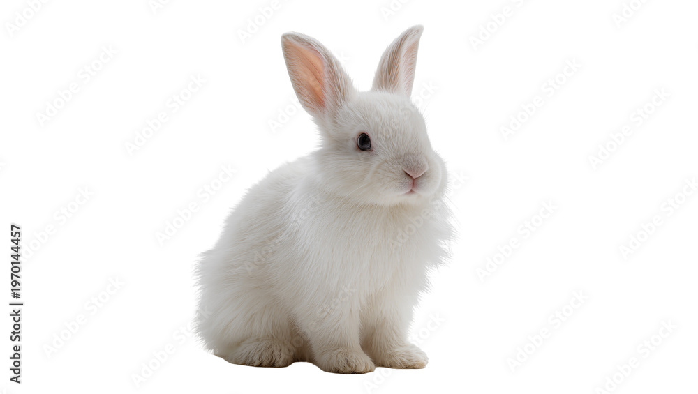 Fototapeta premium Fluffy snow-colored rabbit sitting, attentively gazing forward with pink nose