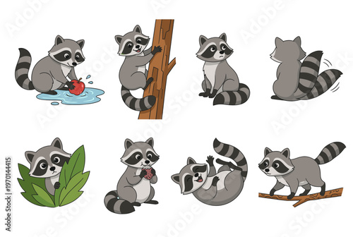 Cute Raccoon Cartoon Character Set in Various Poses, Funny Animal Washing Apple, Climbing Tree, Eating Berry and Playing, Vector Illustration Isolated