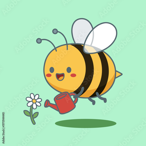 Cute Honey Bee Cartoon Character Watering a Flower with a Red Watering Can, Gardening Concept Illustration for Kids and Nature Lovers Isolated