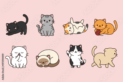 Adorable Kitten Characters Set with Different Cat Breeds and Poses, Cute Cats Playing with Yarn, Sleeping, Grooming and Waving, Vector Illustration