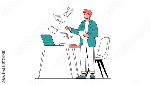 Man throwing papers in the air near desk with laptop, concept of freedom and relief