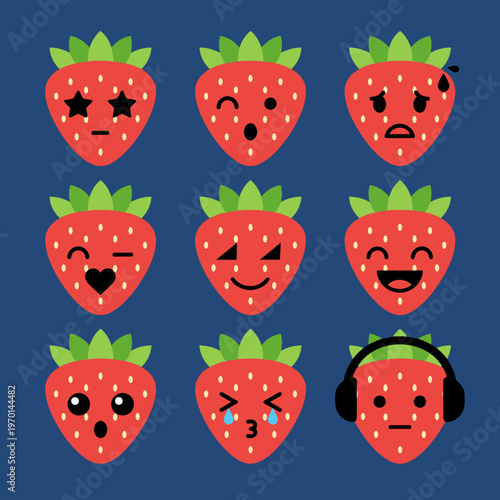 Strawberry Emoji Facial Expressions Set on Dark Blue Background, Kawaii Fruit Characters with Love, Sad, Angry, Happy and Musical Moods Vector Art