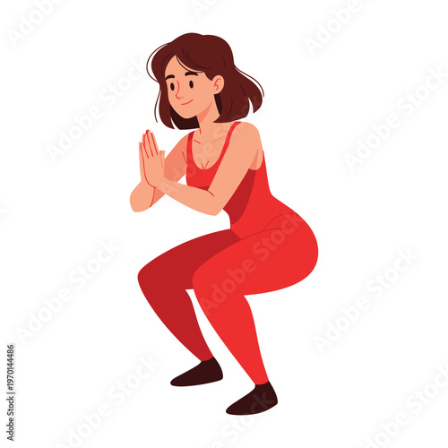 Young woman in red sportswear performing a squat exercise with her hands in a prayer pose.