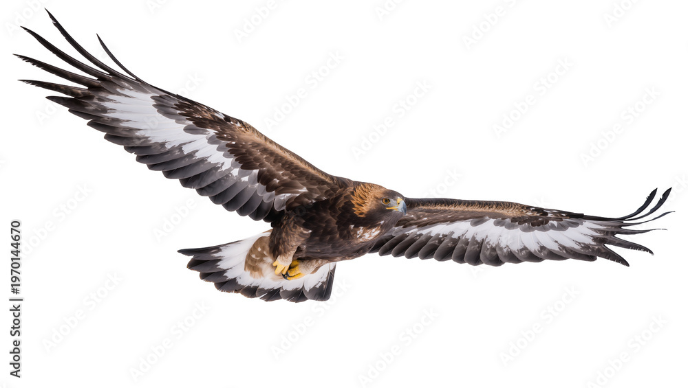 Obraz premium Golden eagle soaring, displaying powerful wingspan and sharp focused gaze