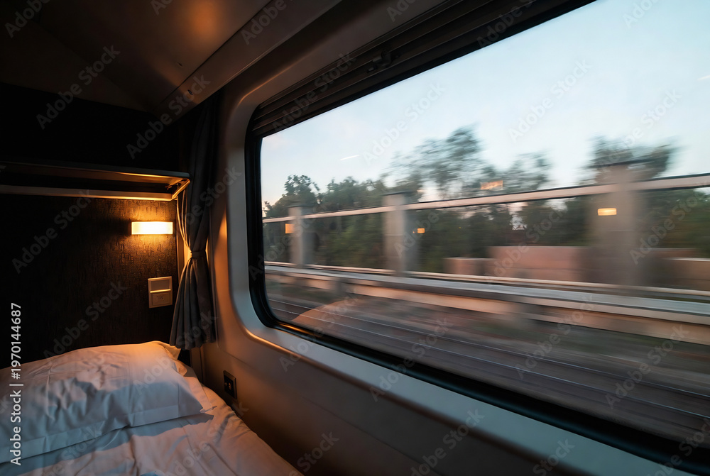 Fototapeta premium A sleeping compartment on a train with a view of passing trees and fields outside.