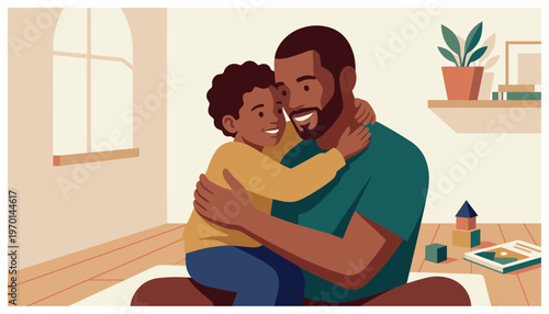 A dark-skinned man hugging a little boy.