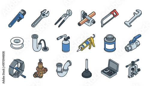 Collection of various plumbing tools and equipment.