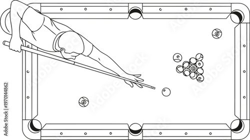 Overhead view of a person aiming a pool cue at a cue ball on a billiard table