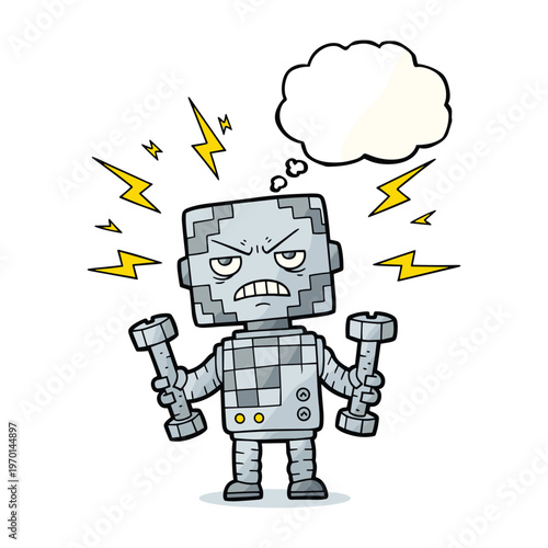 An angry cartoon robot exercising with dumbbells while surrounded by lightning bolts.