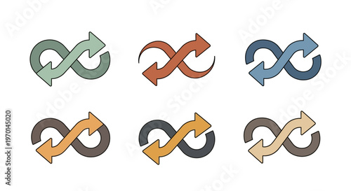 Colorful Infinity Arrow Symbols Collection Representing Continuous Cycle, Flow, and Exchange