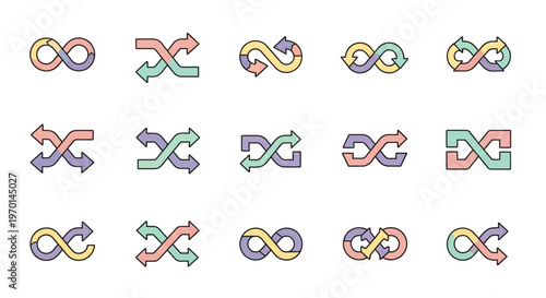 Colorful infinity and shuffle arrow icons set, endless loop vector symbols