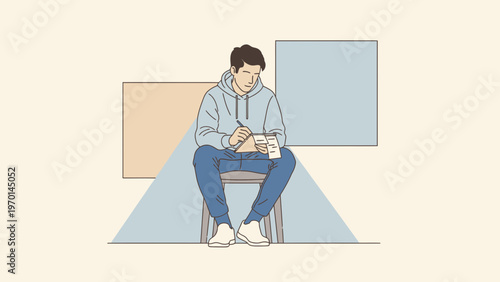 Young man writing in notebook, sitting on chair, minimalist background