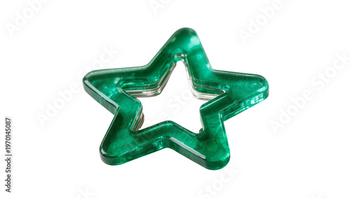 Green polished star shaped gemstone, displaying swirling patterns and reflective surfaces