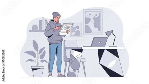 Woman working at home office, reviewing documents, laptop on desk, modern illustration