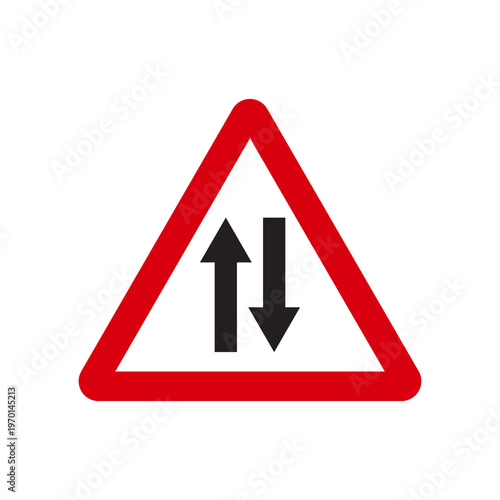 Two way traffic road triangle template. Triangle warning sign with black up and down arrows