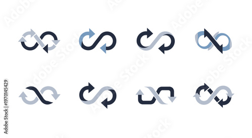Infinity loop arrows vector icon set. Endless cycle symbols for repetition and continuity.
