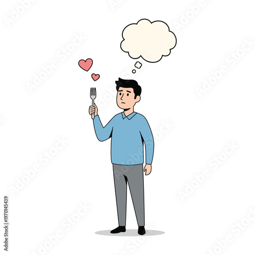 A man holding a fork with hearts above him and a thought bubble while looking hungry or thoughtful.