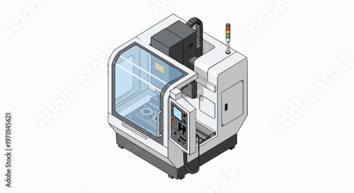Isometric CNC Milling Machine Illustration - Industrial Metalworking Equipment for Engineering, Manufacturing, and Smart Factory Concepts