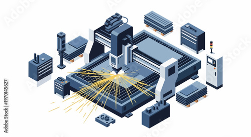 Isometric 3D Illustration of an Industrial CNC Laser Cutting Machine Working on a Metal Plate with Sparks. Smart Factory Automation and Metalwork Fabrication Concept.
